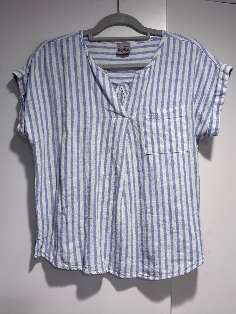 Como Vintage White & Blue Stripe Linen Blend V-Neck Pocket Blouse